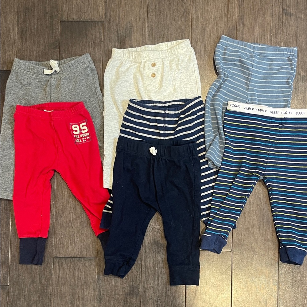 9 mth Mixed Pack of Baby Boys Bottoms - Navy, Red, Gray, Cream, Blue Stripes